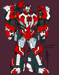 1boy alex_milne autobot blue_eyes character_name clenched_hand male_focus mecha no_humans official_art red_alert_(transformers) red_background robot science_fiction shoulder_cannon signature standing the_transformers_(idw) transformers wheel