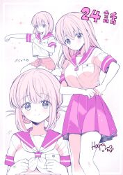 1girl arrow_(symbol) blush breast_pocket breasts chapter_number commentary_request double_bun dressing hair_bun hara_yui highres large_breasts long_hair majo_wa_mangetsu_ni_saku minato_shima miniskirt monochrome multiple_views neckerchief official_art parted_lips pink_theme pleated_skirt pocket progression sailor_collar school_uniform serafuku short_hair short_shorts short_sleeves shorts sidelocks signature simple_background skirt white_background