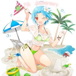 1girl barefoot beach bikini blue_hair flag flower green_bikini hair_flower hair_ornament holding holding_flag merueto orange_eyes palm_tree parasol sapphire_(uchihime) see-through_clothes see-through_shirt shirt swimsuit tree uchi_no_hime-sama_ga_ichiban_kawaii umbrella