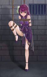 Rule 34 | 1girl, absurdres, alternate costume, alternate hairstyle, angel beats!, arms behind back, bare shoulders, barred window, bdsm, blunt bangs, blush, bondage, bound, bound arms, bound legs, bow, braid, breasts, cap (user dxfj5558), chinese commentary, closed mouth, collared dress, commentary request, crown braid, dress, dress bow, embarrassed, flower, formal clothes, full body, furrowed brow, green bow, green eyes, hair bow, hair flower, hair ornament, high heels, highres, indoors, looking at viewer, medium breasts, medium dress, medium hair, nakamura yuri, no socks, nose blush, purple bow, purple dress, purple hair, purple shoes, shibari, shoes, sleeveless, sleeveless dress, solo, standing, standing on one leg, straight hair, thighs, tsurime, white flower, window