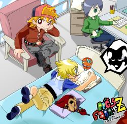 3boys bedroom black_hair blonde_hair blue_eyes blue_shirt boomer_(ppg) brick_(ppg) brothers butch_(ppg) full_body green_eyes green_jacket happy hat jacket looking_at_viewer lying multiple_boys on_stomach orange_hair powerpuff_girls_z reading red_eyes red_jacket rowdyruff_boys shirt siblings sitting watermark