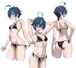 1girl :d ahoge arc2urus armpits ass back bare_arms bare_shoulders bikini bikini_bottom_pull black_bikini black_survival blue_eyes blue_hair blush breasts butt_crack closed_mouth collarbone commentary cowboy_shot cropped_legs earrings english_commentary eternal_return:_black_survival from_behind groin hair_between_eyes halterneck hand_on_own_hip highres jewelry long_hair looking_at_viewer looking_back medium_breasts multicolored_hair multiple_views navel open_mouth shiny_swimsuit short_hair side-tie_bikini_bottom silvia_piquet simple_background smile solo standing stomach streaked_hair string_bikini swimsuit thighs tomboy two-tone_hair white_background