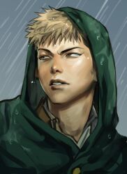 1boy blonde_hair brown_eyes cape commentary_request go2paperworld green_cape highres jean_kirstein korean_commentary lips male_focus nose paradis_military_uniform portrait rain shingeki_no_kyojin short_hair solo teeth wet wet_hair
