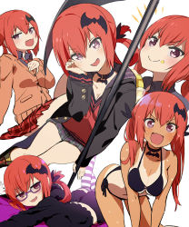Rule 34 | 1girl, bat hair ornament, bat necklace, bikini, black bikini, black bow, black choker, black jacket, boots, bow, breasts, cardigan, checkered clothes, checkered skirt, choker, cleavage, commentary request, fang, foot on another&#039;s face, gabriel dropout, gabu (az210309), glasses, hair bow, hair ornament, hair rings, highres, jacket, knee boots, large breasts, long hair, looking at viewer, multiple views, one-piece tan, open mouth, purple-framed eyewear, purple eyes, red hair, satanichia kurumizawa mcdowell, semi-rimless eyewear, short hair, side-tie bikini bottom, sidelocks, simple background, skin fang, skirt, small breasts, smile, striped clothes, striped thighhighs, swimsuit, tan, tanline, thighhighs, twintails, under-rim eyewear, white background
