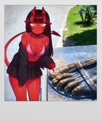 1girl bikini bikini_top_only black_choker black_hair blunt_bangs breasts choker cleavage colored_skin demon_girl demon_tail fake_photograph hair_between_horns horns jacket jitome long_hair looking_at_viewer medium_breasts meruccubus_(merunyaa) merunyaa mole mole_under_eye off_shoulder oni open_clothes open_jacket original photo_background pink_bikini pleated_skirt pointy_ears polaroid_photo red_oni red_skin red_tail skin-covered_horns skirt solo swimsuit tail yellow_eyes