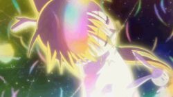 1girl animated animated_gif blonde_hair breast_expansion breasts closed_eyes completely_nude energy feathers floating_hair glowing henshin large_breasts latex_suit loli long_hair lyrical_nanoha mahou_shoujo_lyrical_nanoha_vivid mature_female moaning navel nude official_art open_mouth outstretched_arms rabbit ribbon small_breasts solo stuffed_toy transformation vivio white_ribbon