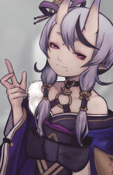 1girl absurdres bare_shoulders flat_chest grey_hair highres horns japanese_clothes kimono lacker_strike_(akkira_setsu) long_hair looking_at_viewer mole mole_under_mouth nijisanji oni pointy_ears purple_eyes purple_kimono rindou_mikoto rindou_mikoto_(1st_costume) skin-covered_horns smile solo virtual_youtuber