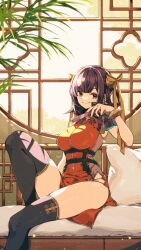 1girl absurdres armor black_hair black_thighhighs breasts chest_harness china_dress chinese_clothes dress fingernails folded_fan folding_fan glint hair_ribbon hand_fan harness heaven_burns_red highres holding holding_fan keishin large_breasts li_yingxia light_particles long_fingernails looking_at_viewer orange_eyes pelvic_curtain red_dress ribbon second-party_source shoulder_armor side_slit sitting sleeveless smile solo thighhighs upper_body window_shadow yellow_ribbon