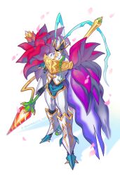 armor bloomlordmon blue_eyes confeito000_333 digimon digimon_(creature) flower full_body hat highres holding holding_polearm holding_weapon knight looking_at_viewer petals pink_petals polearm red_flower simple_background solo spear twitter_username weapon white_armor white_background white_hat