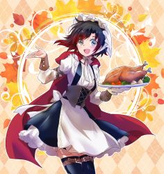 apron argyle_background argyle_clothes belt black_dress black_hair black_legwear blouse bodice bow cape cloak corset dress food gradient_hair highres holding holding_plate hood hooded_cloak iesupa multicolored_hair multiple_belts plate red_cape red_hair ribbon ruby_rose rwby shirt short_hair thanksgiving thighhighs traditional_clothes turkey_(food) two-tone_hair
