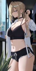 Rule 34 | 1girl, absurdres, alternate costume, black camisole, black choker, black shorts, blonde hair, blue sky, blurry, blurry foreground, bra, bra peek, breasts, camisole, choker, cleavage, closed mouth, coffee mug, collarbone, collared shirt, commentary request, cowboy shot, cup, day, dolphin shorts, evelyn chevalier, gaitoou, hair down, highres, large breasts, long hair, looking at viewer, mole, mole under eye, mug, navel, one eye closed, open clothes, open shirt, psd available, purple eyes, red bra, shirt, short shorts, shorts, sidelocks, sky, solo, stomach, thighs, underwear, white shirt, zenless zone zero