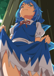 1girl against_tree blue_bow blue_eyes blue_hair blue_skirt blue_vest bow breasts cirno clothes_lift collared_shirt commentary_request cowboy_shot fairy frilled_skirt frills from_below gyouza_(mhea5724) hair_bow highres ice ice_wings lifting_own_clothes neck_ribbon puffy_short_sleeves puffy_sleeves red_ribbon ribbon shirt short_hair short_sleeves skirt skirt_hold skirt_lift small_breasts solo touhou tree vest white_shirt wings