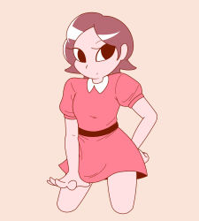 1girl artist_request black_eyes brown_hair closed_mouth dress hai_yorokonde highres kneeling looking_at_viewer pink_dress short_sleeves simple_background solo