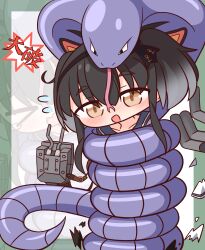 Rule 34 | 1girl, arbok, black hair, blue sailor collar, blush, border, commentary request, constriction, flying sweatdrops, forked tongue, gen 1 pokemon, green border, hana kazari, highres, kantai collection, nintendo, open mouth, outside border, pokemon, pokemon (creature), sailor collar, short hair with long locks, smile, tokitsukaze (kancolle), tongue, yellow eyes, zoom layer