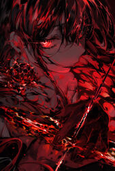 Rule 34 | 1girl, black hair, commission, earrings, glowing, hair between eyes, hyatsu, jewelry, long hair, looking at viewer, original, red eyes, red theme, solo