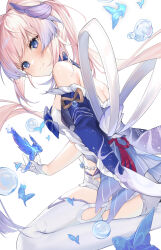1girl absurdres bare_shoulders blush bow-shaped_hair breasts closed_mouth feet_out_of_frame fish genshin_impact gloves highres horns japanese_clothes jewelry long_hair long_sleeves longchuan medium_breasts nontraditional_miko pink_hair purple_eyes sangonomiya_kokomi simple_background solo thighhighs very_long_hair white_background white_gloves white_thighhighs wide_sleeves