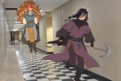 2boys armor big_hair black_gloves black_hair blue_tunic blurry boots braid brown_footwear brown_hair checkered_floor chinese_clothes commentary curly_hair english_commentary eyes_of_nine fingerless_gloves floating floating_boy_chasing_running_boy_(meme) full_body gloves gold_armor hallway hanfu highres holding holding_shovel indoors laser_sight long_hair male_focus mask mask_on_head meme motion_blur multiple_boys oni_mask open_mouth photo_background purple_hanfu quan_yizhen red_eyes running shoulder_armor shovel tassel tianguan_cifu tile_floor tiles tunic very_long_hair yin_yu yueya_chan