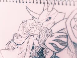 Rule 34 | blue eyes, digimon, digimon (creature), digimon story: cyber sleuth, hair ornament, hairpin, highres, long hair, monochrome, omegamon, pink hair, shiramine nokia, sketch, traditional media, twintails
