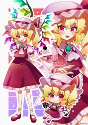 Rule 34 | 1girl, artist name, ascot, blonde hair, blush, chibi, closed mouth, collared shirt, commentary, crystal, crystal wings, dated, fang, flandre scarlet, frilled shirt collar, frills, green brooch, hashtag-only commentary, hat, hat ribbon, highres, looking at viewer, maa (forsythia1729), mob cap, multicolored wings, multiple views, one side up, open mouth, puffy short sleeves, puffy sleeves, red eyes, red skirt, red vest, ribbon, ribbon-trimmed collar, ribbon trim, shirt, short sleeves, skirt, skirt set, smile, touhou, twitter username, vest, watermark, white ascot, white hat, wings
