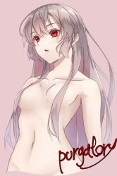 1girl breasts completely_nude convenient_censoring copyright_name degtyaryov2952 grey_hair hair_censor hair_over_breasts long_hair medium_breasts naraku naraku_2 neun_02 nude red_eyes solo