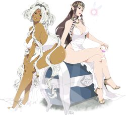 2girls aa_megami-sama absurdres alternate_costume arm_support artist_logo ass bare_legs bare_shoulders bracelet breasts brown_hair character_request cleavage collarbone commentary copyright_request crossed_legs cup dark-skinned_female dark_skin dress drinking_glass earrings english_commentary eyelashes facial_mark fairy feet full_body gold_footwear gold_nails grey_hair hair_intakes hair_ornament hair_tubes high_heels highres hild_(aa_megami-sama) holding holding_cup jewelry large_breasts legs lens_flare logo long_hair looking_at_another mixed-language_commentary multiple_girls nail_polish nintendo parted_lips pink_lips pointy_ears princess_zelda r3dfive revision shiny_skin sideboob sidelocks simple_background sitting sleeveless sleeveless_dress star_(symbol) star_facial_mark stiletto_heels strappy_heels the_legend_of_zelda the_legend_of_zelda:_twilight_princess thighs toe_ring toenail_polish toenails toes treasure_chest very_long_hair white_background white_dress white_footwear wine_glass