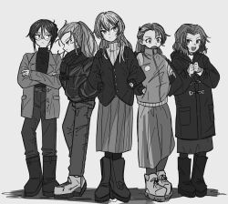 Rule 34 | 5girls, absurdres, alternate costume, alternate hairstyle, assam (girls und panzer), boots, braid, casual, closed mouth, crossed arms, darjeeling (girls und panzer), desuwadesun0, frown, girls und panzer, glasses, hair down, hair ornament, hairpin, hands in pockets, highres, jacket, long coat, long hair, long skirt, multiple girls, nilgiri (girls und panzer), open mouth, orange pekoe (girls und panzer), own hands together, pants, rosehip (girls und panzer), round eyewear, short hair, skirt, unworn bow