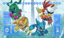 absurdres armadillo armadimon beak bird blue_eyes blue_skin bug colored_skin digimon digimon_adventure_02 digimon_card_game dragon english_text enrike_(enrique_mr_blue) full_body green_skin hawkmon highres red_eyes sample_watermark shell talons v-mon watermark wormmon yellow_skin
