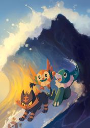 :d absurdres bird commentary creature english_commentary flying gen_7_pokemon happy highres litten looking_at_viewer musicalcombusken nintendo no_humans open_mouth outdoors pokemon pokemon_(creature) popplio rowlet smile surfboard surfing water waves