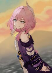 Rule 34 | 1girl, bare shoulders, blue eyes, clam (clamfish 13), commentary request, cyrene (honkai: star rail), dress, hair ribbon, highres, honkai: star rail, honkai (series), korean commentary, long sleeves, looking at viewer, off-shoulder dress, off shoulder, outdoors, pink hair, purple dress, ribbon, short hair, smile, solo, upper body, white ribbon