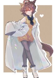 Rule 34 | 1girl, agnes tachyon (umamusume), ahoge, animal ears, ankle boots, black necktie, black shirt, boots, border, brown hair, closed mouth, collared shirt, crossed legs, full body, grey pantyhose, hair between eyes, heart, highres, horse ears, horse girl, horse tail, lab coat, looking at viewer, medium hair, messy hair, necktie, off shoulder, one eye closed, outside border, pantyhose, red eyes, shipapome, shirt, short necktie, sidelocks, sleeves past fingers, sleeves past wrists, smile, solo, standing, sweater vest, tail, umamusume, very long sleeves, white boots, white border, wide sleeves, yellow sweater vest