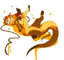 Rule 34 | 1boy, black sclera, braid, brown hair, colored sclera, commentary request, front braid, full body, ginkgo leaf, hair ribbon, highres, human head, leaf, long hair, looking at viewer, lying, male focus, meziro001, multiple braids, on back, orange eyes, orange hair, orange theme, original, red ribbon, ribbon, solo, translation request, very long hair, whiskers, white background