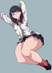 10s 1girl absurdres arms_up black_hair blue_eyes breasts cardigan female_focus full_body gridman_universe highres julioalqae legs long_sleeves looking_at_viewer medium_breasts pleated_skirt red_neckwear school_uniform sitting skirt solo ssss.gridman takarada_rikka thick_thighs thighs