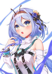 1girl absurdres ambasa bandaged_hand bandages bare_shoulders blue_hair blush brown_hairband commentary_request fake_antennae hair_between_eyes hairband highres looking_at_viewer medium_hair open_mouth partial_commentary simple_background snail_hair_ornament solo strinova upper_body white_background yellow_eyes yugiri_(strinova)