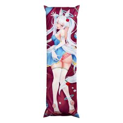 1girl animal_ears arched_soles blue_dress blue_eyes compression_leggings dakimakura_(object) dress elbow_gloves fox_ears fox_girl fox_tail gloves indie_virtual_youtuber kirsche_verstahl merchandise official_art panties pillow socks tail thighhighs toes toes_on_balls twintails underwear virtual_youtuber white_gloves white_hair white_socks