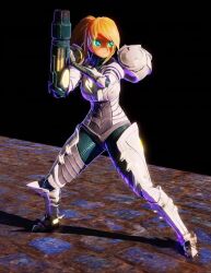 1girl 2023 3d action animated arm_cannon armor blonde_hair blue_eyes blush_stickers breasts commentary english_commentary female_focus fighting_stance full_body glowing helmet large_breasts light_suit_(metroid) long_hair metroid metroid_prime_2:_echoes morph_ball nintendo ponytail power_suit_(metroid) rolling_eyes samus_aran sayuriartsy serious shoulder_armor simple_background sound standing thick_thighs thighs unworn_headwear unworn_helmet video weapon white_armor