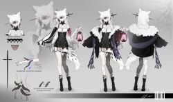Rule 34 | 1girl, absurdres, alternate costume, animal ear piercing, animal ears, black dress, black gloves, black thighhighs, blue scarf, boots, breasts, colored tips, contrapposto, criss-cross halter, detached sleeves, dress, fox ears, fox tail, fringe trim, full body, fur collar, gloves, hair over shoulder, halterneck, highres, holding, holding lantern, impaled, indie virtual youtuber, jacket, jacket partially removed, kemonomimi mode, lantern, leech, leg belt, long hair, mari the hybrid, multicolored hair, multiple views, nail (hardware), outstretched arm, purple eyes, red pupils, reference sheet, scarf, sharp teeth, short dress, single glove, single leg pantyhose, stitches, sword, tail, teeth, thighhighs, torn clothes, torn thighhighs, weapon, white hair, yoimon, zoom layer