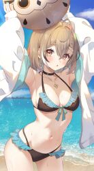 1girl :o armpits beach bikini black_choker blush breasts brown_eyes brown_hair chahanramen choker cleavage commentary cowboy_shot double-parted_bangs english_commentary frilled_bikini frills hair_between_eyes highres holding hololive hololive_english jewelry long_eyelashes looking_at_viewer nanashi_mumei navel necklace open_mouth sky swimsuit virtual_youtuber water wet