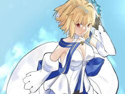 1girl akinaih alternate_breast_size arcueid_brunestud arcueid_brunestud_(mooncancer) black_gloves blue_ribbon breasts cleavage detached_sleeves dress fate/grand_order fate_(series) flower gloves gold_trim hair_flower hair_ornament highres large_breasts looking_at_viewer red_eyes ribbon short_hair white_dress
