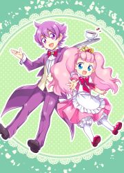 1boy 1girl :d apron aroma_(go!_princess_precure) aroma_(go!_princess_precure)_(human) bloomers blue_eyes blush_stickers bow bowtie brooch brother_and_sister butler cup formal_clothes frills full_body go!_princess_precure green_background jewelry kousetsu long_hair open_mouth pants pantyhose personification pink_hair pink_skirt polka_dot polka_dot_background precure puff_(go!_princess_precure) puff_(go!_princess_precure)_(human) purple_eyes purple_hair red_bow red_footwear shoes siblings skirt smile suit teacup tray twintails underwear white_bloomers white_pantyhose