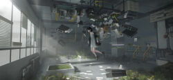 1girl absurdres animal_ear_fluff animal_ears black_footwear black_hair black_jacket cabinet cable cash_register chair computer_keyboard dress floating flower grass grey_dress hair_behind_ear heater high_heels highres indoors jacket lampshade machine monitor off_shoulder original paper photocopier power_strip railing red_eyes rotarran scenery short_hair solo stairs upside-down whiteboard window window_blinds
