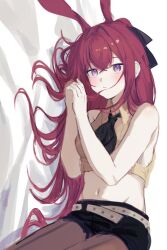 1girl animal_ears arknights bare_arms bare_shoulders belt black_shorts breasts brown_pantyhose brown_shirt closed_mouth collared_shirt crop_top expressionless hair_spread_out long_hair lying medium_breasts midriff navel neckerchief on_side pantyhose purple_eyes rabbit_ears ray_(arknights) red_hair shirt short_shorts shorts sleeveless sleeveless_shirt solo stomach zapik