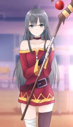 Rule 34 | 1girl, absurdres, alternate costume, asymmetrical legwear, bandages, bare shoulders, belt, black gloves, black hair, black theme, blue eyes, blush, brown belt, classroom, cosplay, dress, female focus, fingerless gloves, gloves, hair between eyes, hair ribbon, highres, holding, holding staff, kono subarashii sekai ni shukufuku wo!, legs, long hair, looking at viewer, mahdi, megumin, megumin (cosplay), mismatched legwear, red dress, red ribbon, ribbon, solo, staff, thighhighs, yahari ore no seishun lovecome wa machigatteiru., yukinoshita yukino, zettai ryouiki