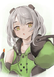 Rule 34 | 1girl, absurdres, anby demara, braid, brown eyes, chinese commentary, dodo (yatotoyatoto), hair between eyes, highres, light blush, looking at viewer, open mouth, short hair, side braid, sidelocks, simple background, solo, upper body, white hair, zenless zone zero