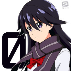 1girl artist_logo black_hair bow dated female_focus frown kueru kuroki_rei logo long_hair miyahara_takuya purple_eyes scarf school_uniform simple_background solo upper_body vividred_operation white_background