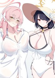2girls 4uu_(radicalmp_head) absurdres ahoge arms_behind_back black_hair blue_archive bow breast_press breasts cleavage cross cross_earrings earrings green_eyes hair_bow hair_over_one_eye halo hanako_(blue_archive) hanako_(swimsuit)_(blue_archive) hat highres hinata_(blue_archive) hinata_(swimsuit)_(blue_archive) huge_breasts jewelry large_breasts long_hair multiple_girls one-piece_swimsuit pink_hair red_eyes see-through_clothes see-through_shirt shirt sun_hat swimsuit symmetrical_docking white_background white_shirt white_swimcap