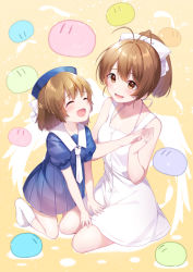 Rule 34 | 2girls, :d, antenna hair, bare arms, bare shoulders, blue dress, blue headwear, blush, bow, brown eyes, brown hair, chitetan, clannad, collared dress, commentary request, dango daikazoku, dress, furukawa nagisa, hair bow, hat, high ponytail, jewelry, kneehighs, kneeling, multiple girls, necktie, no shoes, okazaki ushio, open mouth, pleated dress, ponytail, puffy short sleeves, puffy sleeves, ring, short sleeves, sleeveless, sleeveless dress, smile, socks, wedding band, white bow, white dress, white legwear, white neckwear