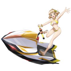 Rule 34 | 1girl, arm up, bikini, breasts, brown hair, cleavage, dolphin wave, flower, flower hairpin, hair flower, hair ornament, highres, jet ski, layered bikini, looking at viewer, navel, non-web source, official art, on jet ski, open mouth, orange eyes, sandals, scar, scar on chest, scrunchie, senki zesshou symphogear, short hair, simple background, smile, solo, sunflower, sunflower hair ornament, swimsuit, tachibana hibiki (symphogear), transparent background, underboob, watercraft, waving, wrist scrunchie, yellow bikini