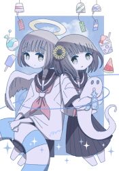 2girls :o angel_wings artist_name blue_innertube blue_sky blunt_bangs bob_cut border brown_hair cloud commentary_request cross-shaped_pupils d: flower food fruit ghost hair_flower hair_ornament halo highres holding holding_ghost holding_swim_ring innertube long_shirt medium_hair multiple_girls neckerchief omochi_noa open_mouth original popsicle pouch red_neckerchief school_uniform serafuku shaved_ice shirt short_hair short_sleeves signature sky solid_oval_eyes sparkle sunflower sunflower_hair_ornament swim_ring symbol-shaped_pupils watermelon watermelon_slice white_border white_shirt wind_chime wings x-shaped_pupils