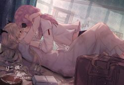 2girls absurdres annette_(spy_kyoushitsu) arm_support arms_around_neck bag bedroom benevole black_ribbon black_skirt blonde_hair blush commentary_request cuffs door dress dutch_angle erna_(spy_kyoushitsu) eyepatch face-to-face feet_out_of_frame flask from_side grey_eyes hair_between_eyes hair_ribbon handcuffs highres imminent_kiss indoors long_dress long_hair looking_at_another lying lying_on_person multiple_girls on_back on_bed pink_hair ribbon school_bag shirt shirt_overhang short_sleeves sidelocks skirt spy_kyoushitsu twintails wall_lamp wallpaper_(object) white_dress white_shirt yuri