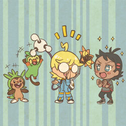 Rule 34 | + +, 2boys, :d, ^ ^, adjusting eyewear, ahoge, antenna hair, black hair, black pants, blonde hair, blue eyes, blue jumpsuit, blush, blush stickers, chespin, chibi, clemont (pokemon), clenched hands, closed eyes, commentary request, fangs, full body, gen 6 pokemon, gen 8 pokemon, glasses, goh (pokemon), grey shirt, grey shoes, grookey, jumping, jumpsuit, male focus, mechanical arms, mojacookie, multiple boys, nintendo, notice lines, official art, opaque glasses, open mouth, pants, pokemon, pokemon (anime), pokemon (creature), pokemon journeys, red socks, round eyewear, second-party source, shirt, shoes, short hair, short sleeves, single mechanical arm, smile, socks, sparkle, striped background